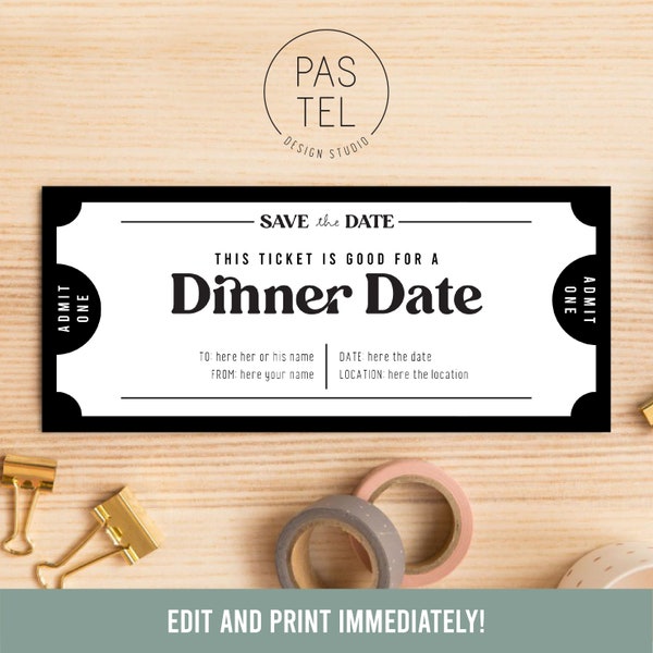 Dinner Date Gift Coupon | INSTANT DOWNLOAD, editable text | Printable Voucher | Last Minute Gift | Personalized Certificate | Gift Voucher