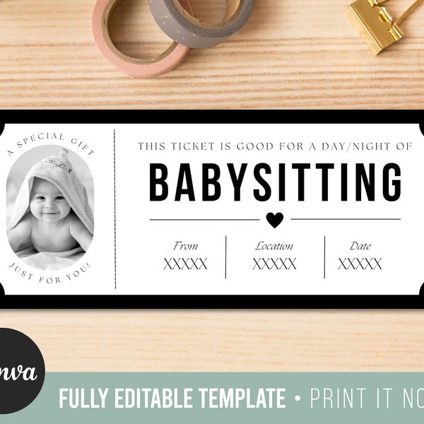 Custom Babysitting Gift Coupon | Editable Canva Template | INSTANT DOWNLOAD | Printable Voucher | Last Minute | Personalized Certificate