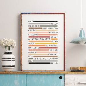 Hello Different Languages Greetings Print — Colorful Minimalist Wall Art, Multilingual Greeting Poster, Digital Download or Framed Gift Idea
