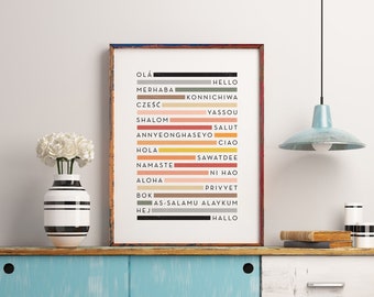 Hello Different Languages Greetings Print — Colorful Minimalist Wall Art, Multilingual Greeting Poster, Digital Download or Framed Gift Idea