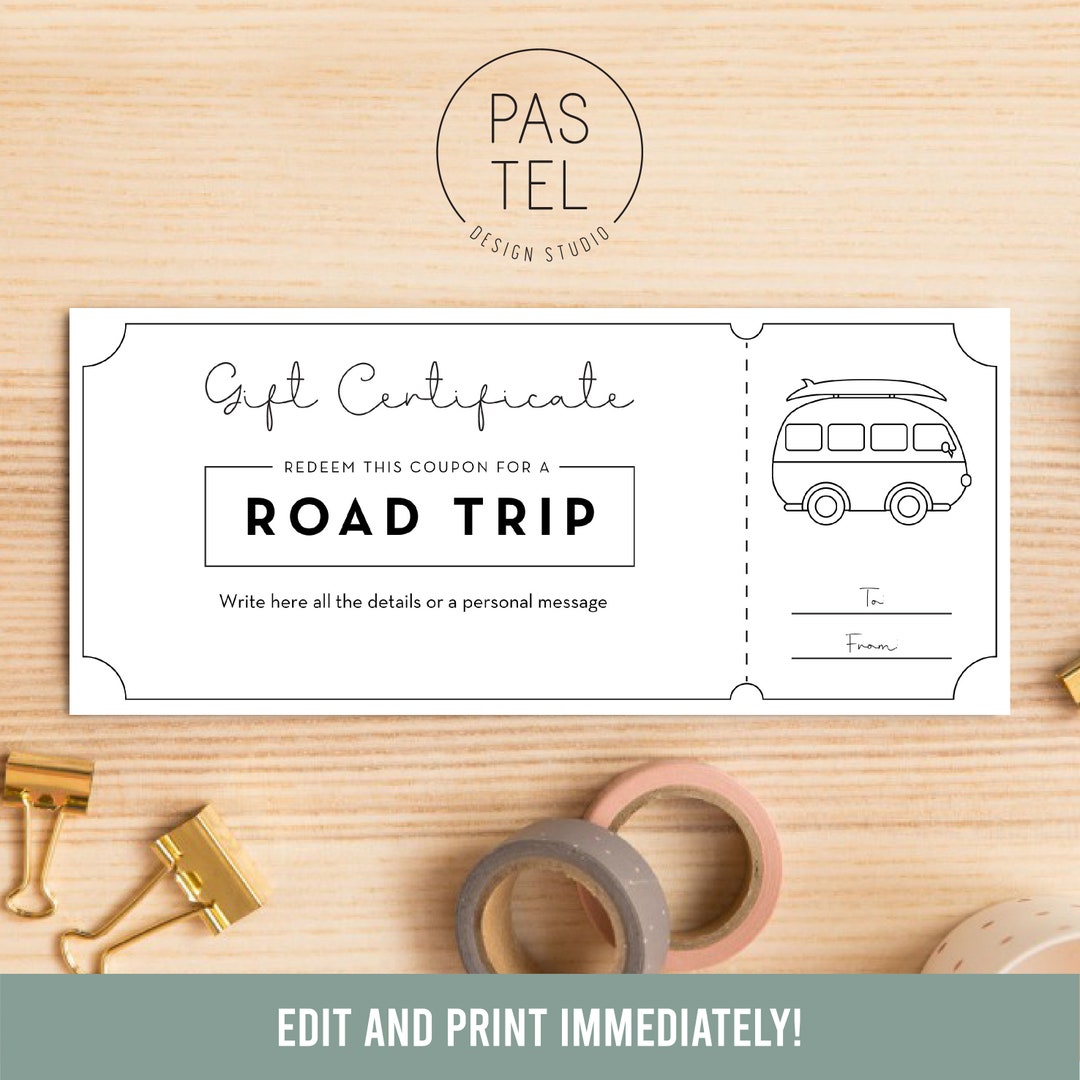 Road Trip Gift Voucher INSTANT DOWNLOAD, Editable Text Travel Gift