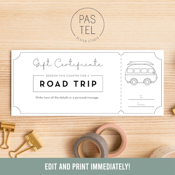Road Trip Gift Voucher | INSTANT DOWNLOAD, editable text | Travel Gift Certificate Printable | Surprise Trip Coupon | Road Trip Card