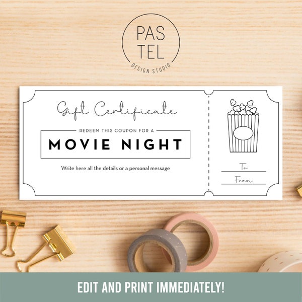 Movie Night Gift Coupon | INSTANT DOWNLOAD, editable text | Printable Voucher | Last Minute Gift | Personalized Certificate | Gift Voucher