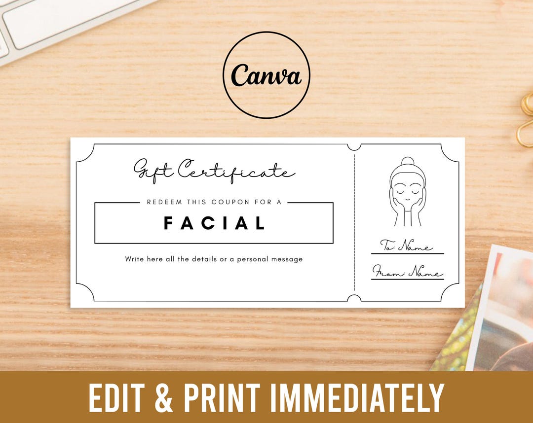 Facial Gift Coupon INSTANT DOWNLOAD, Editable Text Printable Voucher ...
