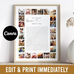 60 raisons pour lesquelles nous vous aimons collage photo personnalisé | Modèle entièrement modifiable | 60e anniversaire de maman | 60 choses sur l'anniversaire de papa | Toile