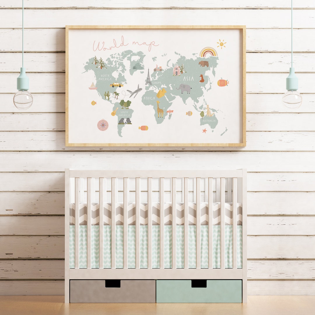 Nursery World Map Wall Art – Kids Room Print, Educational World Map for ...
