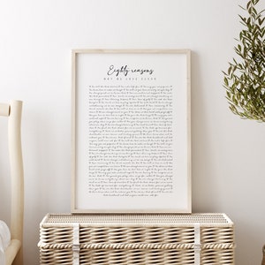 May include: A framed print with a white background and black text. The text reads "Eighty reasons why we love you" followed by a list of reasons.