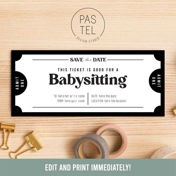 Babysitting Gift Coupon | INSTANT DOWNLOAD, editable text | Printable Voucher | Last Minute Gift | Personalized Certificate | Gift Voucher