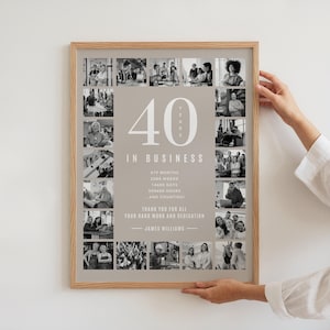 May include: A black and white photo collage celebrating 40 years in business. The collage features photos of people working and smiling. The text reads "40 years in business, 470 months, 2085 weeks, 14000 days, 250,000 hours and counting. Thank you for all your hard work and dedication. James Williams."
