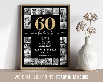 60e anniversaire, cadeaux pour 60e anniversaire de femme, cadeau de 60e anniversaire pour homme, collage photo, poster d'anniversaire personnalisé, idée cadeau pour 60e anniversaire