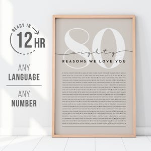 80 raisons pour lesquelles nous vous aimons | Cadeau 80e anniversaire | Cadeau personnalisé | Cadeaux 80e anniversaire pour femme | Cadeaux 80e anniversaire pour hommes | Cadeau imprimable