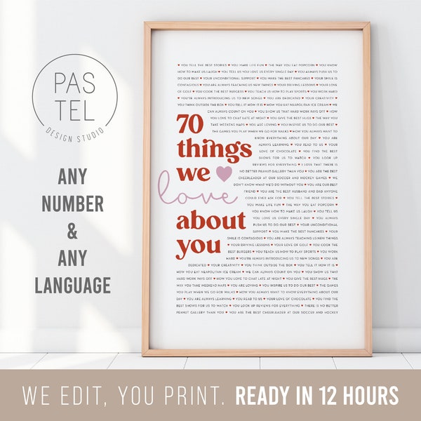 70 Reasons Why We Love You Poster | Personalized 70th Birthday Gift for Women Men | Seventy Reasons | 70 Things We Love About You Print