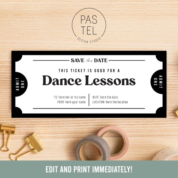 Dance Lessons Gift Coupon | INSTANT DOWNLOAD, editable text | Printable Voucher | Last Minute Gift | Personalized Certificate | Voucher Gift