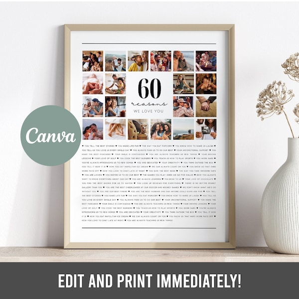 Fully Editable Template | 60 Reasons We Love You Photo Collage | Mom's 60th Anniversary | 60 Things About Dad Birthday | Canva Template