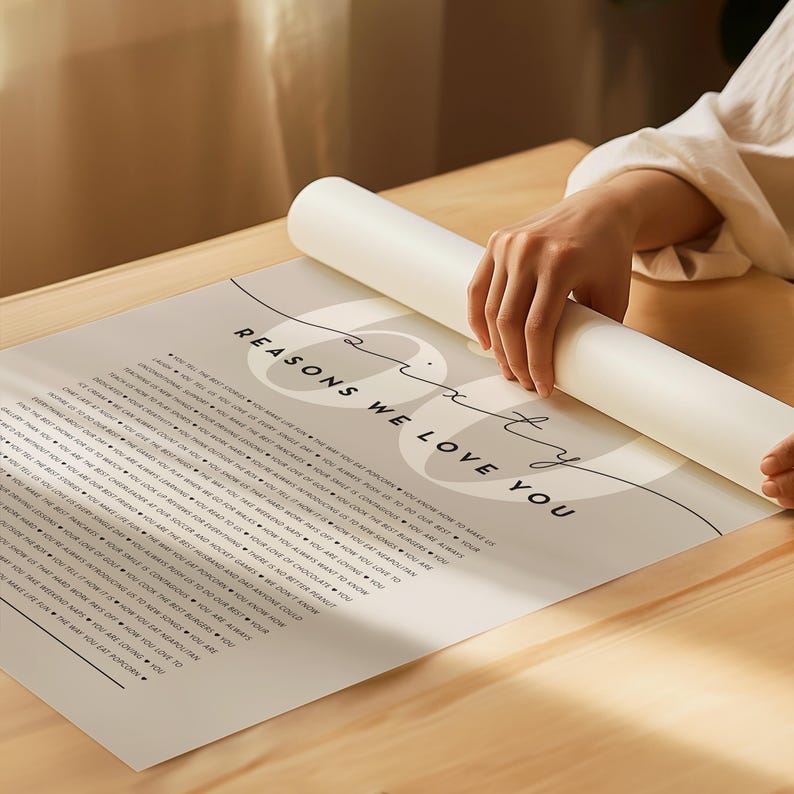 May include: A printable poster with a gray background and black text. The poster features the text "sixty reasons we love you" and a list of reasons. This is a printable poster for a loved one.