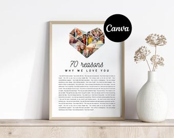 70 motivi per cui ti amiamo - Collage fotografico personalizzato / Modello completamente modificabile / 70° anniversario della mamma / 70 cose sul compleanno del papà / Canva