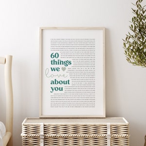 May include: A framed print with a teal and white design. The print features the text "60 things we love about you" with a heart symbol.