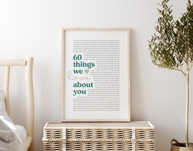 May include: A framed print with a teal and white design. The print features the text "60 things we love about you" with a heart symbol.
