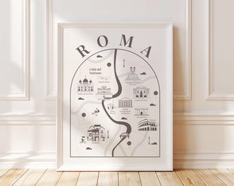 Rome Italy City Map Print – Hand-Drawn Neutral Rome Landmarks Poster, Vatican City Wall Art, Rome Travel Gift, Italian Decor