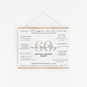 May include: A wooden-framed print with the number "60" in a circular design, ideal for a 60th birthday. The print includes birthday wishes and the text "Happy 60th Birthday, Robert!" in a handwritten style, suitable for a milestone celebration.