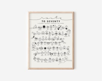 Road to 70 Printable Poster –  70th Birthday Gift, Personalized Milestone Birthday Print, Life Story Illustration Gift, Instant Download