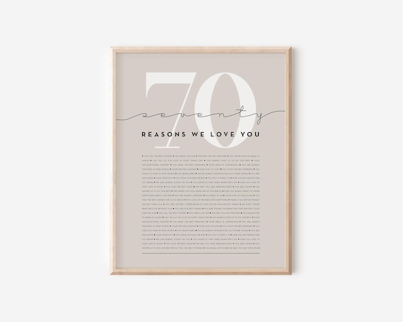 70th Birthday Gift 70 Reasons We Love You Print Sentimental Wall Art Anniversary Present Home Decor Family Keepsake Personalized Gift