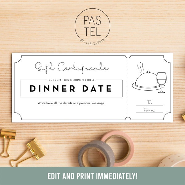 Dinner Date Gift Coupon | INSTANT DOWNLOAD, editable text | Printable Voucher | Last Minute Gift | Personalized Certificate | Gift Voucher