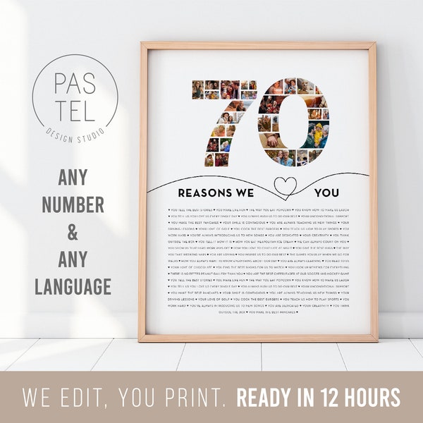 70 Reasons We Love You Photo Collage | Any Number Picture Collage Poster, Gift for Friend's 70th Birthday, Seventy Year Anniversary Print