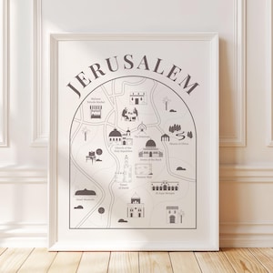 Jerusalem Karte - Illustrierte Stadt Wandkunst, Sehenswürdigkeiten der Altstadt, Israel Reisekarte, historische Jerusalem Dekoration, digital oder physisch