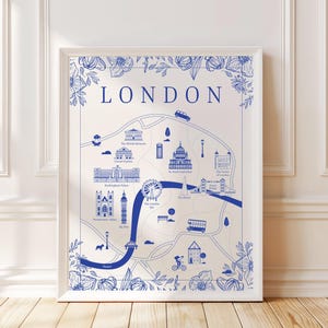 Mapa ilustrado de Londres (estilo toile), impresión o lienzo para pared de Londres, póster con mapa de la ciudad del Reino Unido, descarga digital o regalo para los amantes de Londres.