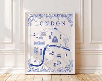 Illustrated Map of London – Toile Style, London Wall Art Print or Canvas, UK City Map Poster, Digital Download or Gift for London Lovers