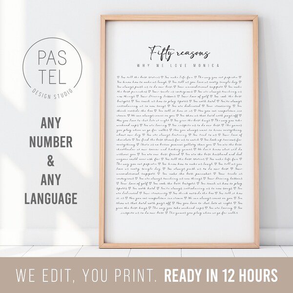 Handwritten 50 Reasons We Love You Gift | Personalized Poster, 50th Birthday, Special Occasion Gift Idea, Custom Print, 55th Birthday Gift