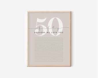 50th Birthday Gift 50 Reasons We Love You Print Sentimental Wall Art Anniversary Present Home Decor Family Keepsake Personalized Gift