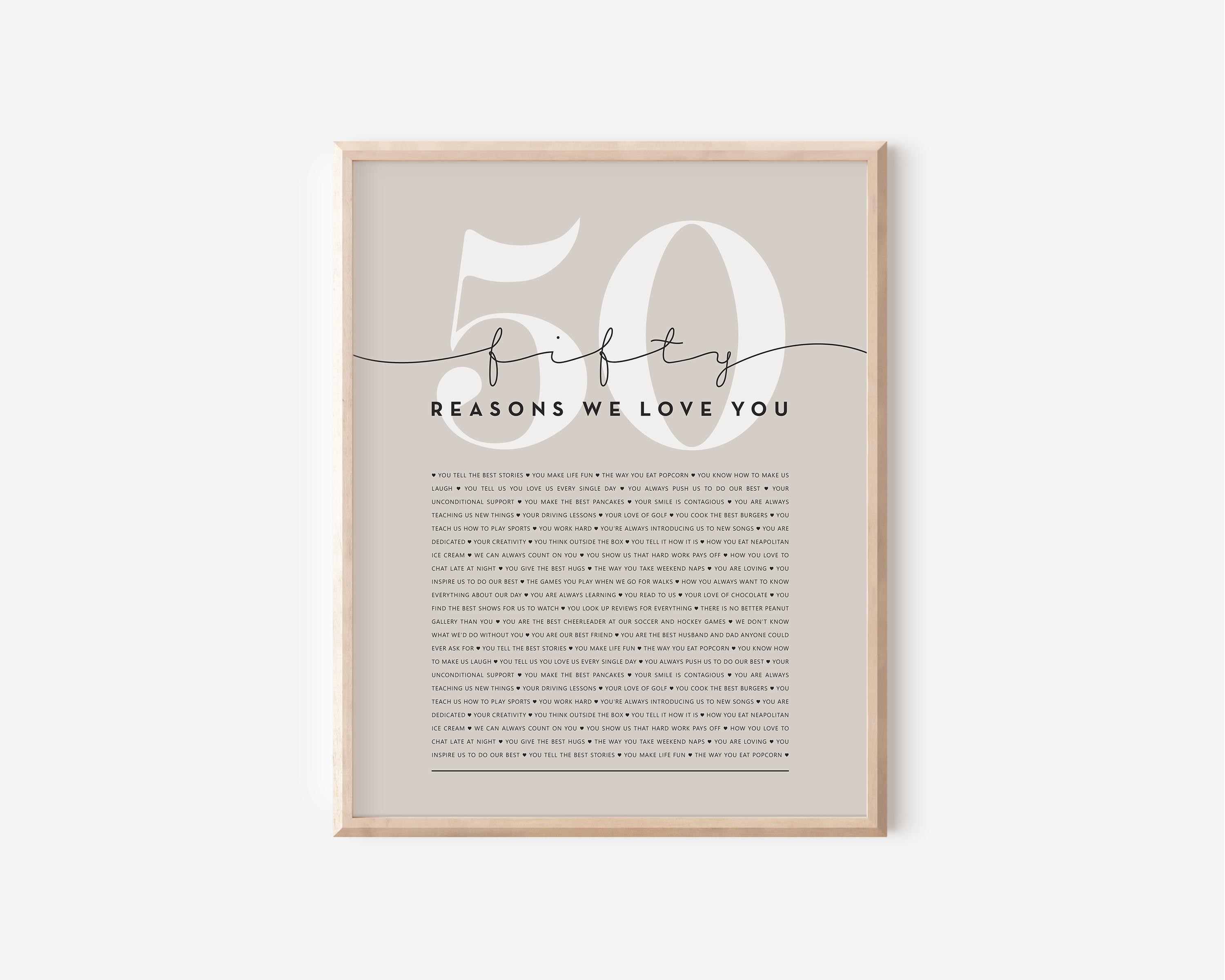 50th Birthday Gift 50 Reasons We Love You Print Sentimental Wall