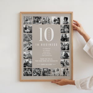 以下が含まれることがあります： ビジネス10周年を祝う白黒写真のコラージュ。コラージュの中央には大きな数字「10」があり、その周りを仕事をしている人や笑顔の人々の写真が囲んでいます。数字の下のテキストには、「120か月、521週間、3650日、87600時間、そしてまだ続いています！あなたの努力と献身に感謝します - ジェームズ・ウィリアムズ。」と書いてあります。