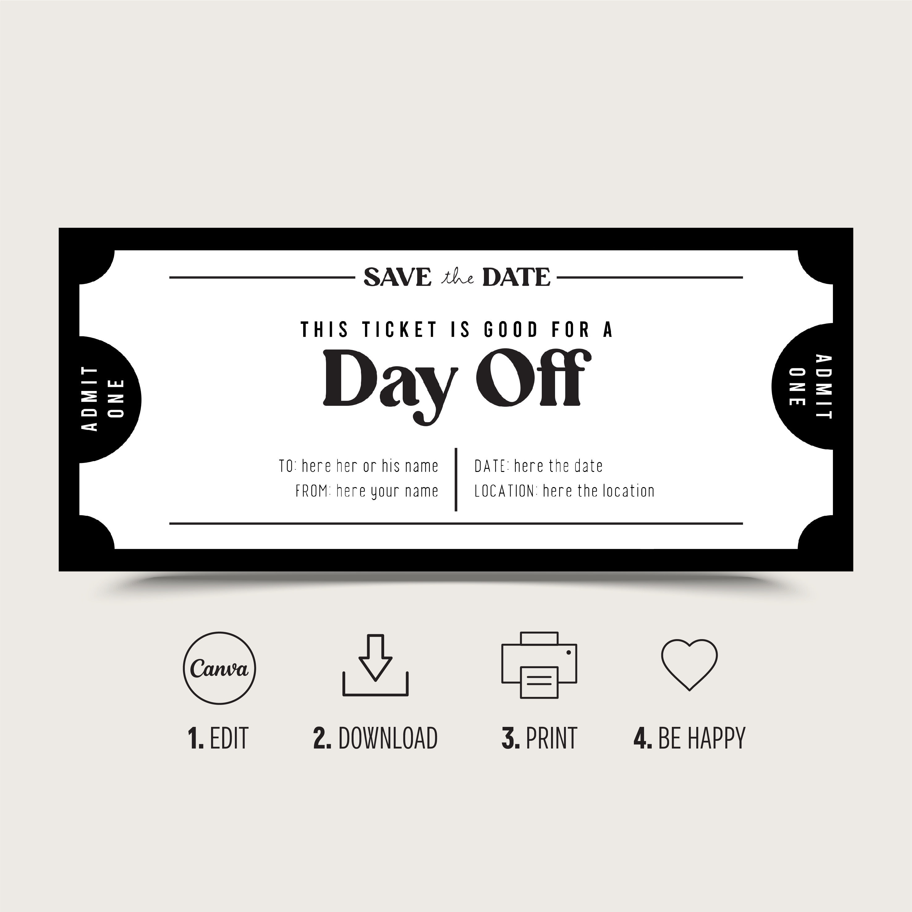 Day Off Gift Coupon INSTANT DOWNLOAD editable text -  Portugal