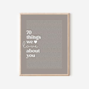 Klaar om op te hangen 70e verjaardagscadeau 70 redenen waarom we van je houden Custom print Gepersonaliseerd cadeau-idee 70e verjaardag poster of canvas Cadeau voor vrouw