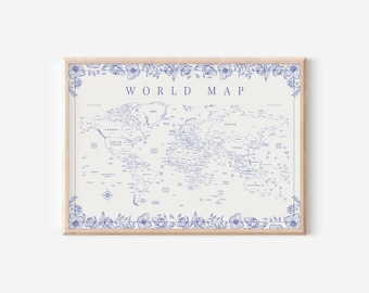 French Country World Map Canvas — Toile Decor, World Large Map, Travel Wall Art, World Map Large Poster, Toile Wall Art, Educational Map