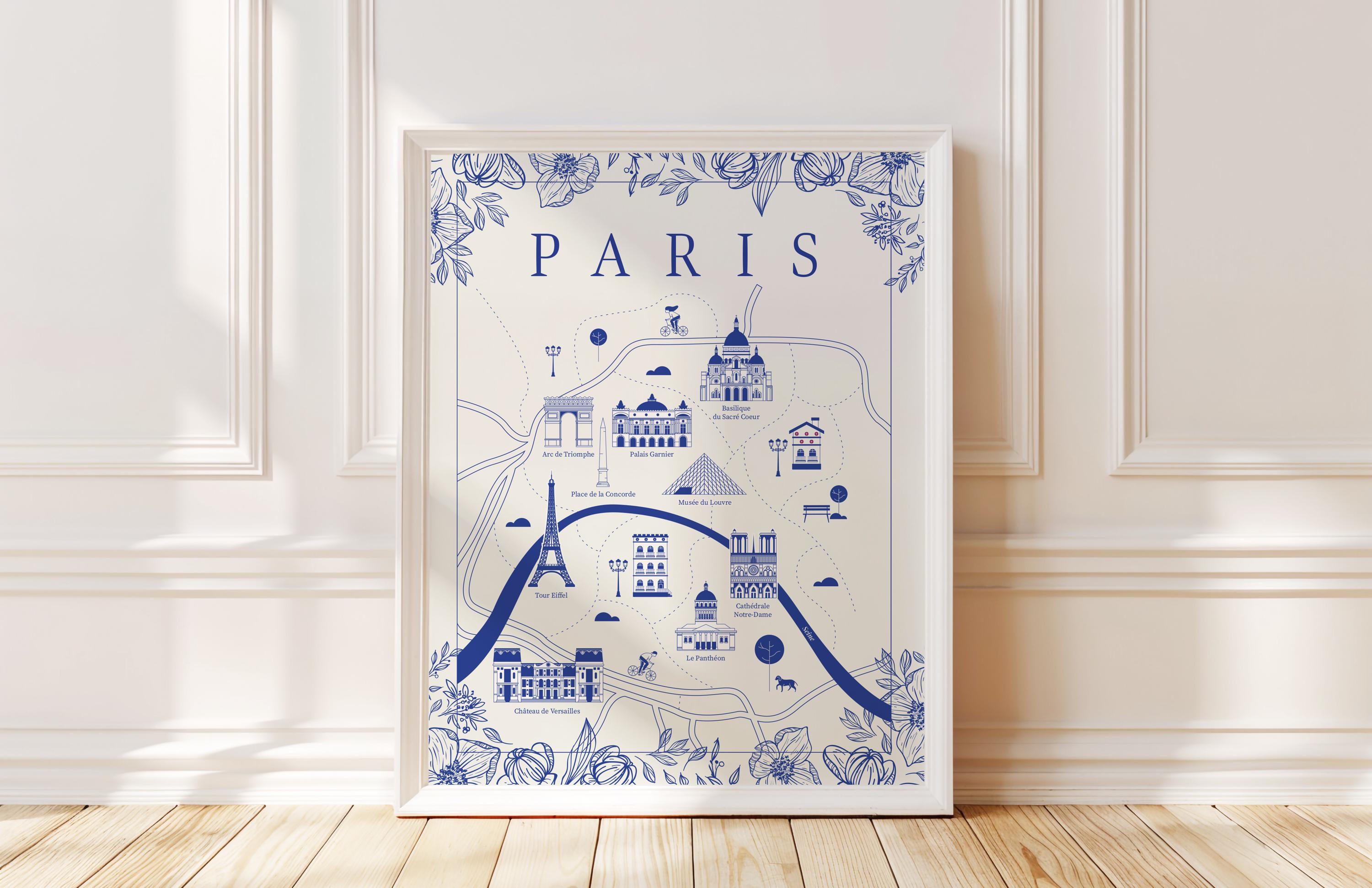 Illustrated Map of Paris – Toile Style, Paris Wall Art Print or Canvas, France City Map Poster, Digital Download or Gift for France Lovers