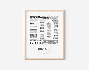 10 Year Work Anniversary Word Cloud Print: Employee Appreciation Gift