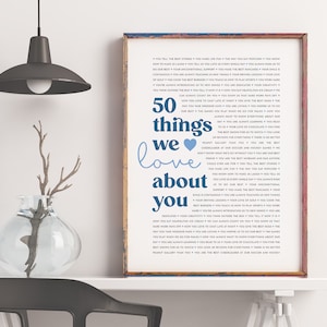 May include: A framed print with a blue and white design that says "50 things we love about you". The print is on a white background and is surrounded by a wooden frame.