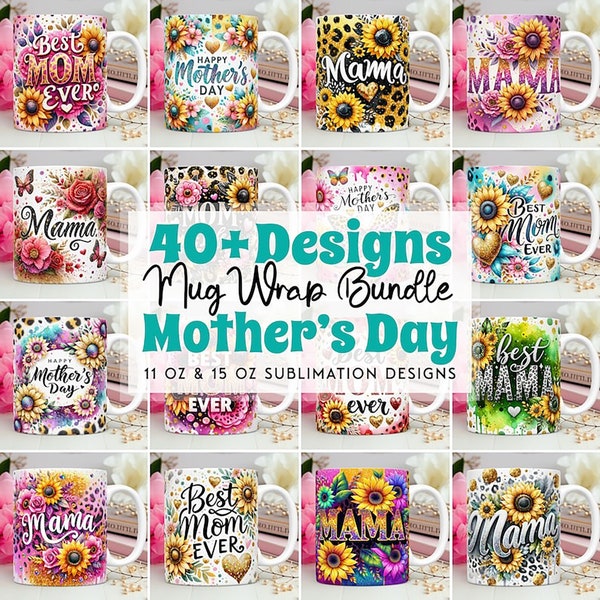 Mother's Day Mug Wrap Bundle Sunflowers Mug PNG Sublimation Designs 15oz 11oz Leopard Floral Mom Life Mug Wrap Mama Template Coffee Cup