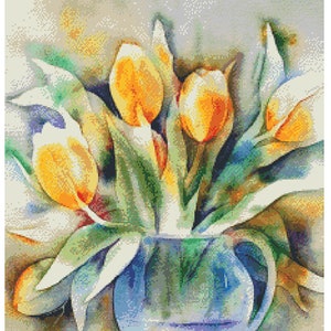 Watercolor Cross Stitch Pattern, Floral Cross Stitch, Full coverage pattern, Bouquet cross stitch pattern, PDF of Flowers, Tulips Design