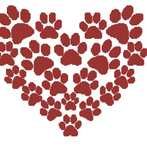 May include: A red heart shape made up of paw prints.