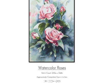 Watercolor Roses Cross Stitch, Full Coverage Cross Stitch Pattern, Floral Cross Stitch, Pattern Keeper Compatible, Instant PDF Download