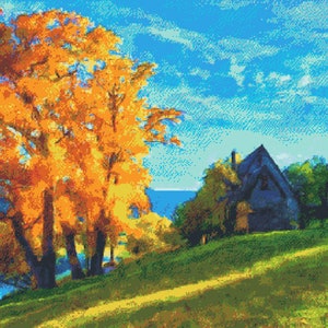 Landscape Cross Stitch Pattern, Full Coverage Cross Stitch, Instant Download, Autumn Counted Cross Stitch Design, Pattern Keeper Compatible