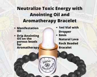 Neutraliseer giftige energie met Manifestatie Zalfolie (1 ml druppelaar) en 8 mm natuurlijke lavasteen aromatherapie armband