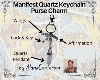 Manifestation Quartz Pendant Purse Keychain Purse Charm with keyring, Clasp, and chain for Prosperity, Career  and Business Success