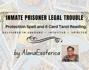 May include: A tarot card reading service for inmates, prisoners, and those facing legal trouble. The service includes a protection spell and a 6-card tarot reading. The service is delivered in 48 hours and is described as intuitive and spirited. The image features a tarot card background with a portrait of the service provider, AlanaEsoterica.