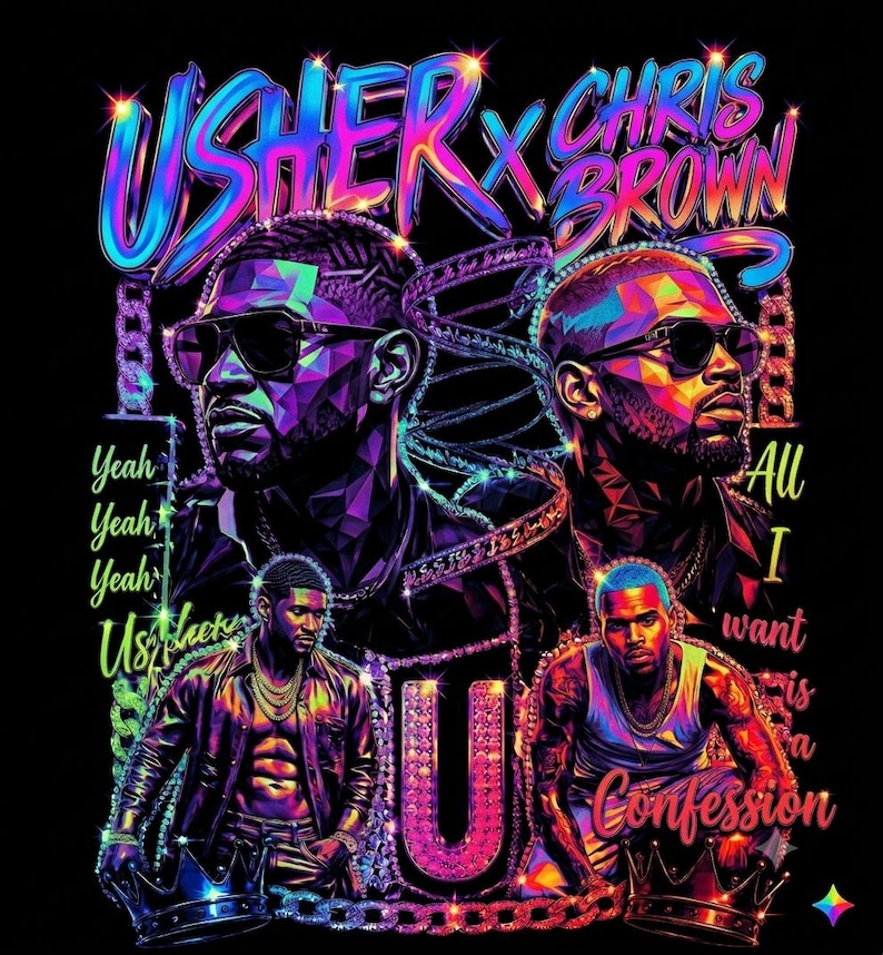 K&ouml;nnte beinhalten: Ein Grafikdruck mit Usher und Chris Brown in einem lebendigen, mehrfarbigen geometrischen Stil. Das Design enth&auml;lt den Text "USHER X CHRIS BROWN", "Yeah Yeah Yeah" und "All I want is a Confession" mit funkelnden Ketten- und Kronenmotiven.